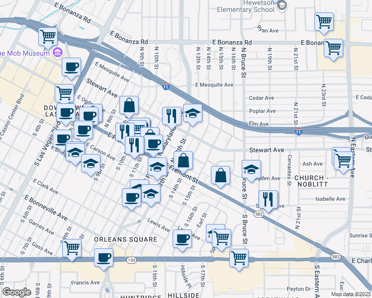map of restaurants, bars, coffee shops, grocery stores, and more near 204 North 13th Street in Las Vegas