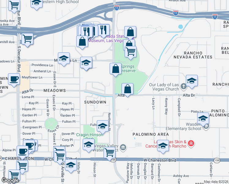 map of restaurants, bars, coffee shops, grocery stores, and more near 391 South Valley View Boulevard in Las Vegas