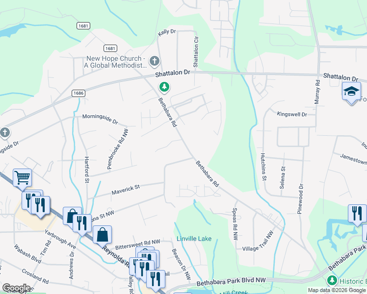 map of restaurants, bars, coffee shops, grocery stores, and more near 2506 Bethabara Road in Winston-Salem