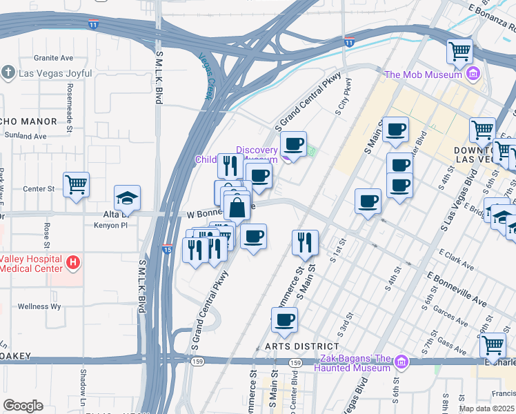 map of restaurants, bars, coffee shops, grocery stores, and more near 68 West Bonneville Avenue in Las Vegas