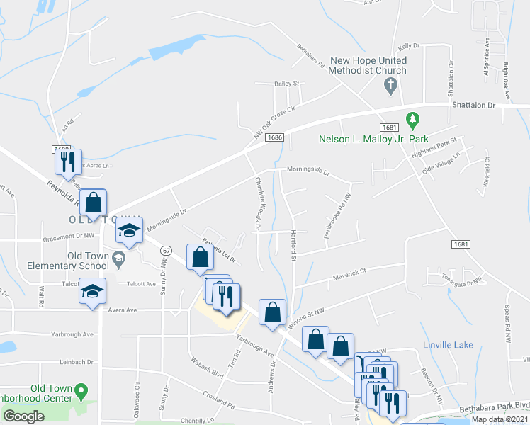 map of restaurants, bars, coffee shops, grocery stores, and more near 3755 Cheshire Woods Drive in Winston-Salem