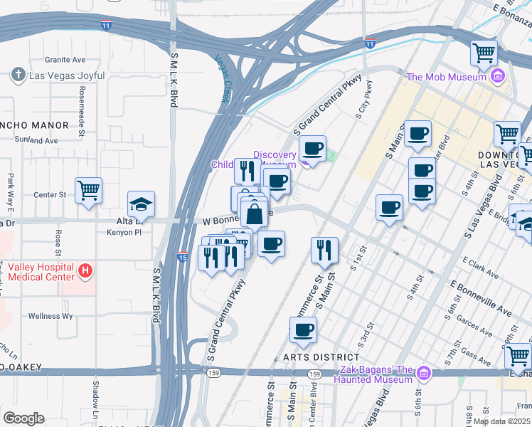 map of restaurants, bars, coffee shops, grocery stores, and more near 68 West Bonneville Avenue in Las Vegas