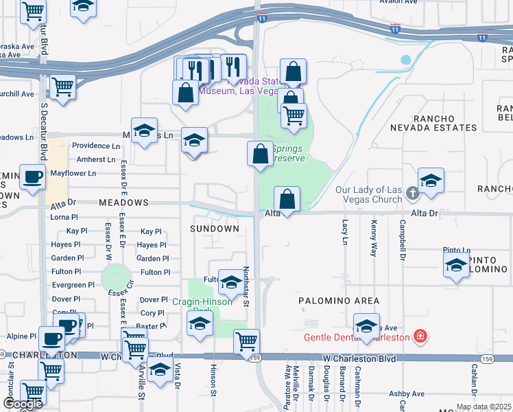 map of restaurants, bars, coffee shops, grocery stores, and more near 428 South Valley View Boulevard in Las Vegas