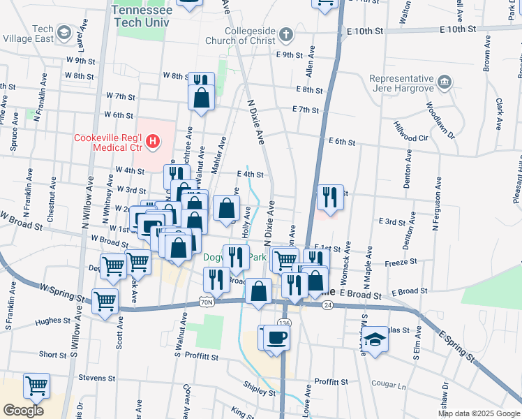 map of restaurants, bars, coffee shops, grocery stores, and more near 236 North Dixie Avenue in Cookeville