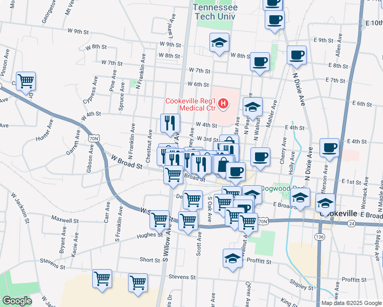 map of restaurants, bars, coffee shops, grocery stores, and more near 175A Montgomery Avenue in Cookeville