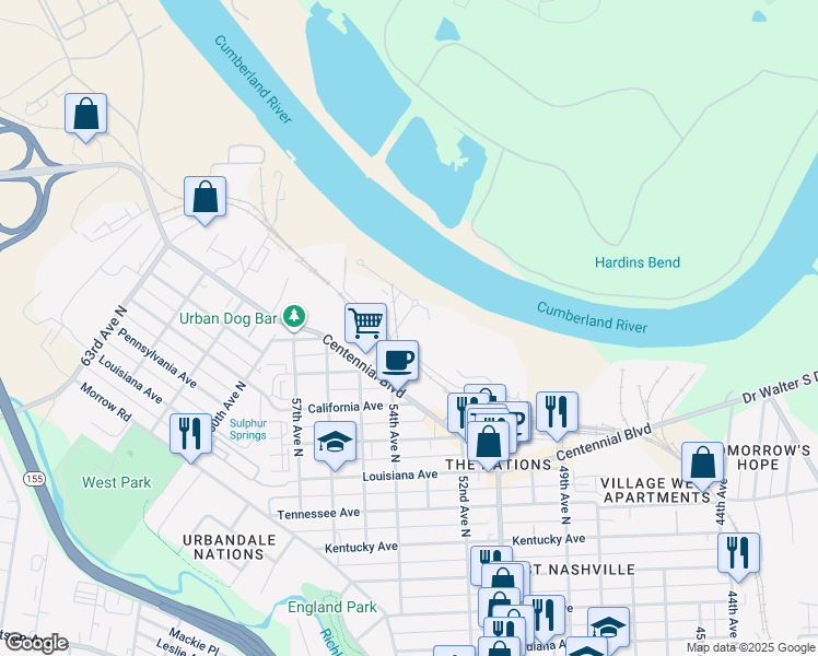 map of restaurants, bars, coffee shops, grocery stores, and more near 1623 54th Avenue North in Nashville