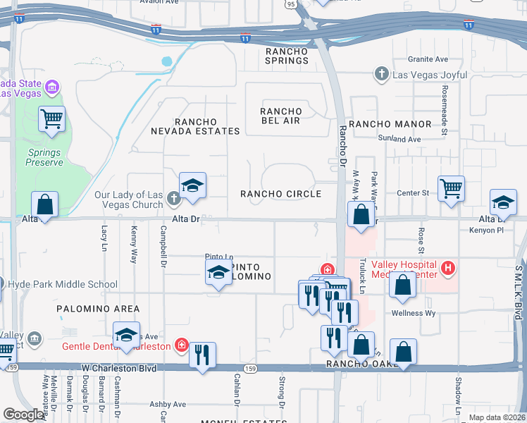 map of restaurants, bars, coffee shops, grocery stores, and more near 709 Rancho Circle in Las Vegas