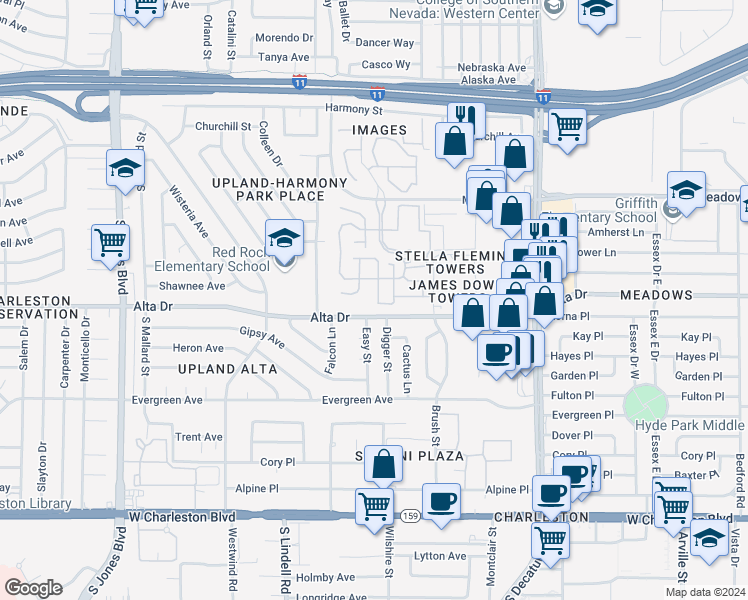 map of restaurants, bars, coffee shops, grocery stores, and more near 457 Purple Finch Drive in Las Vegas