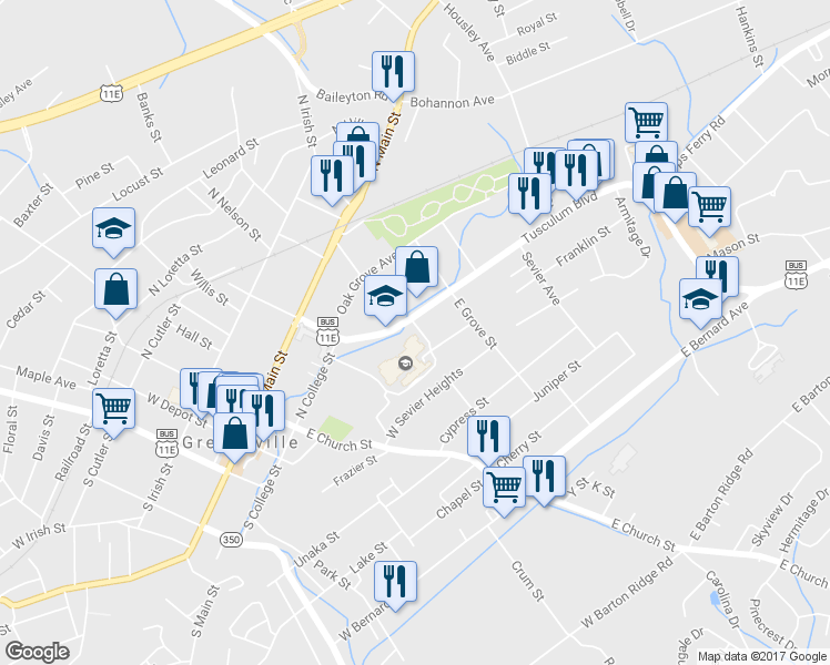 map of restaurants, bars, coffee shops, grocery stores, and more near 304 Tusculum Boulevard in Greeneville