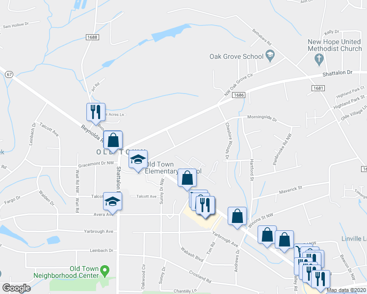 map of restaurants, bars, coffee shops, grocery stores, and more near 4364 Morningside Drive in Winston-Salem