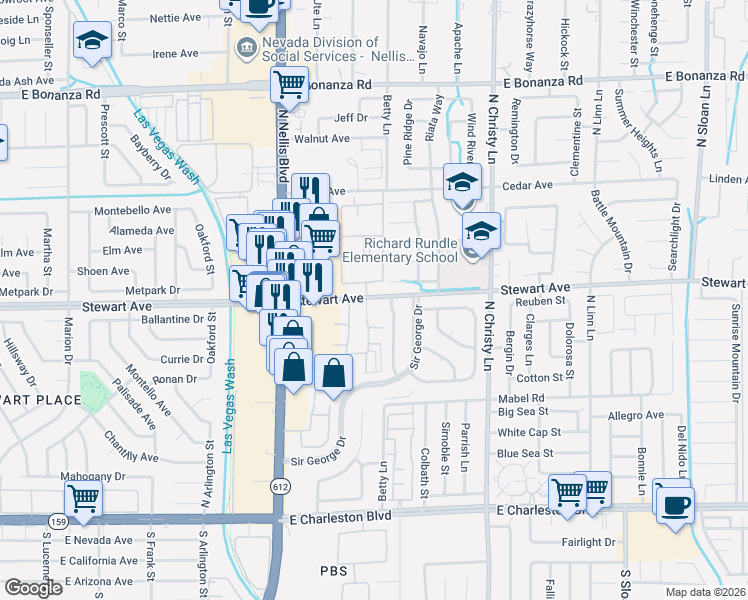 map of restaurants, bars, coffee shops, grocery stores, and more near 399 Sir William Way in Las Vegas