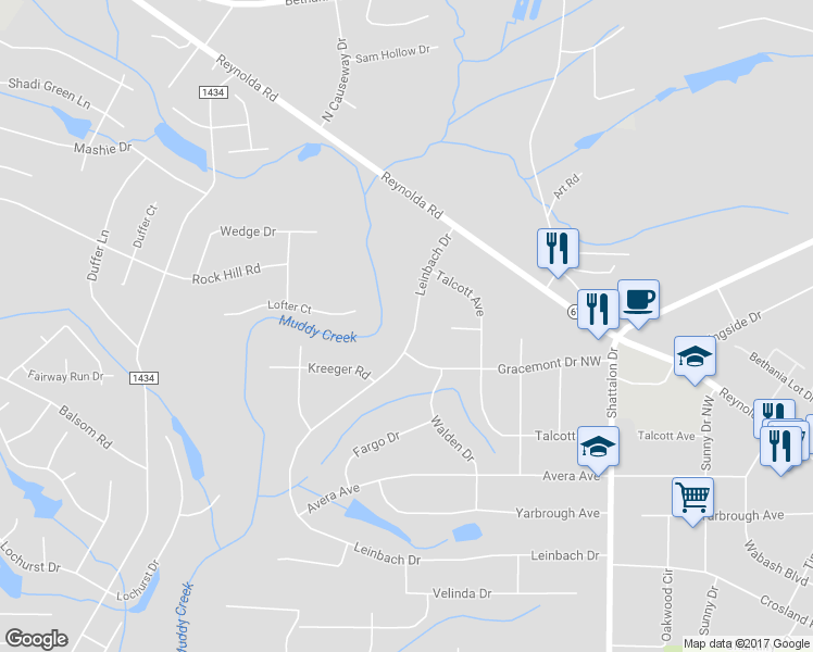 map of restaurants, bars, coffee shops, grocery stores, and more near 4932 Leinbach Drive in Winston-Salem