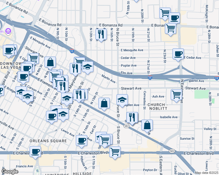 map of restaurants, bars, coffee shops, grocery stores, and more near 1601 Stewart Avenue in Las Vegas