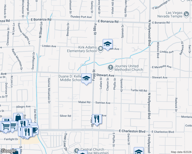 map of restaurants, bars, coffee shops, grocery stores, and more near 2 North Fogg Street in Las Vegas