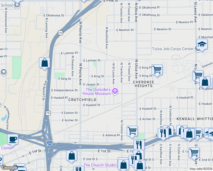 map of restaurants, bars, coffee shops, grocery stores, and more near 823 North Rockford Avenue in Tulsa