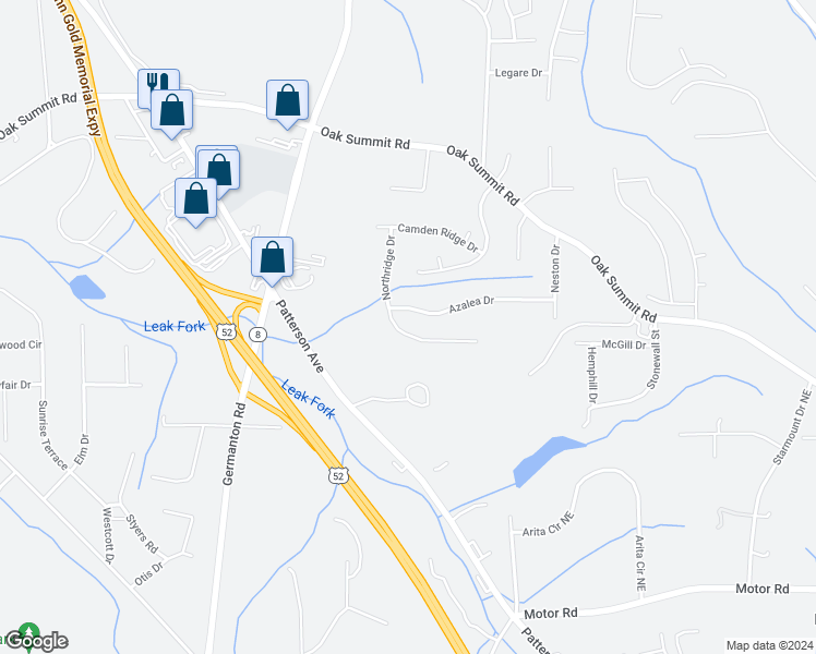 map of restaurants, bars, coffee shops, grocery stores, and more near 5369 Northridge Drive in Winston-Salem