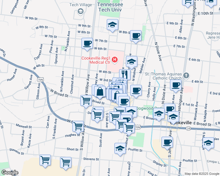 map of restaurants, bars, coffee shops, grocery stores, and more near 135 West 2nd Street in Cookeville