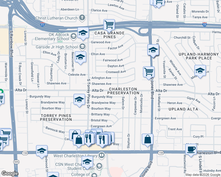 map of restaurants, bars, coffee shops, grocery stores, and more near 6228 Alta Drive in Las Vegas