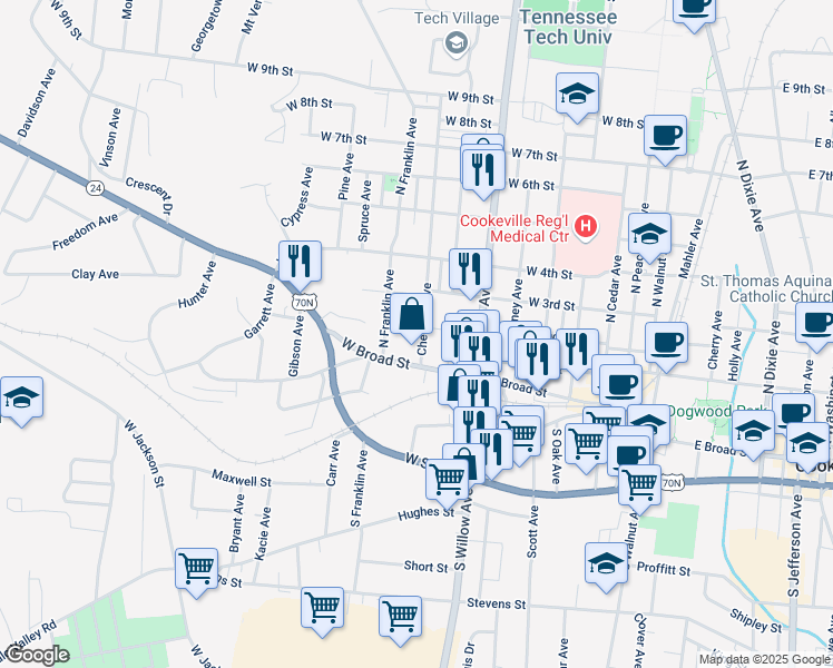 map of restaurants, bars, coffee shops, grocery stores, and more near 112 A Chestnut Avenue in Cookeville