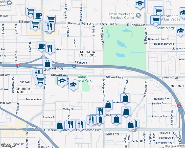 map of restaurants, bars, coffee shops, grocery stores, and more near 2937 Stewart Avenue in Las Vegas