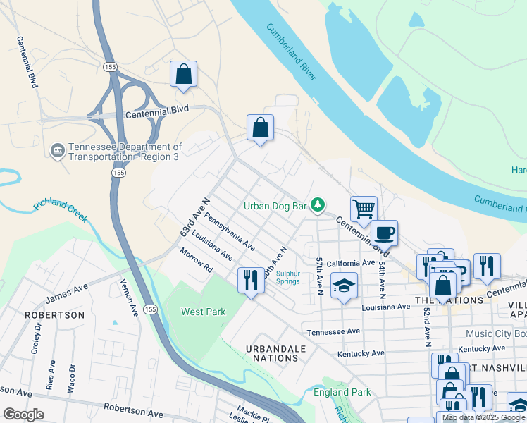map of restaurants, bars, coffee shops, grocery stores, and more near 6105C New York Avenue in Nashville