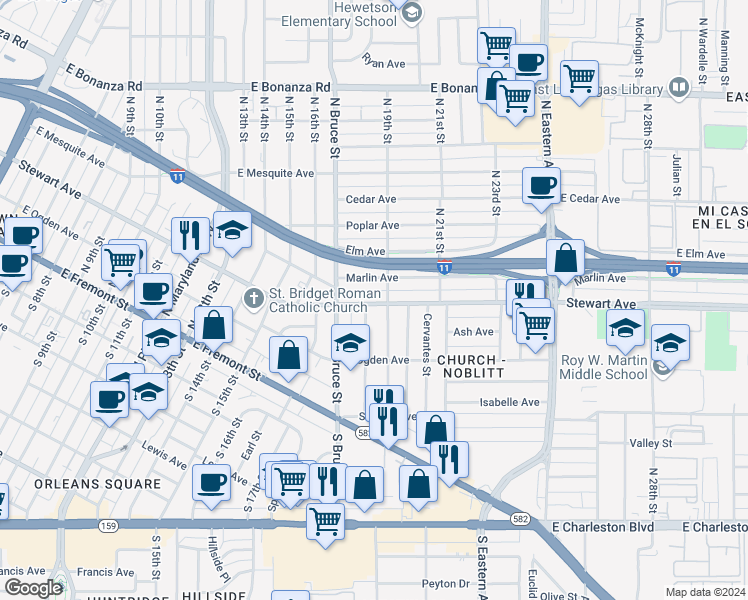 map of restaurants, bars, coffee shops, grocery stores, and more near 1813 Stewart Avenue in Las Vegas
