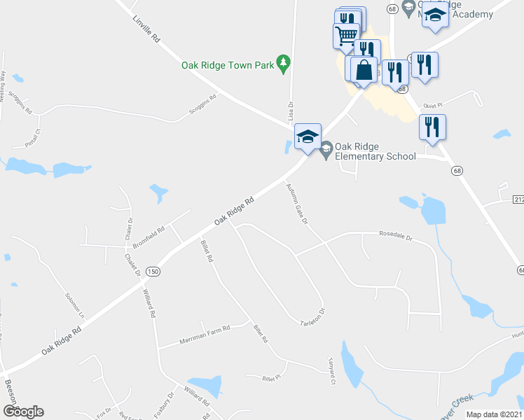 map of restaurants, bars, coffee shops, grocery stores, and more near 2022 Oak Ridge Road in Oak Ridge