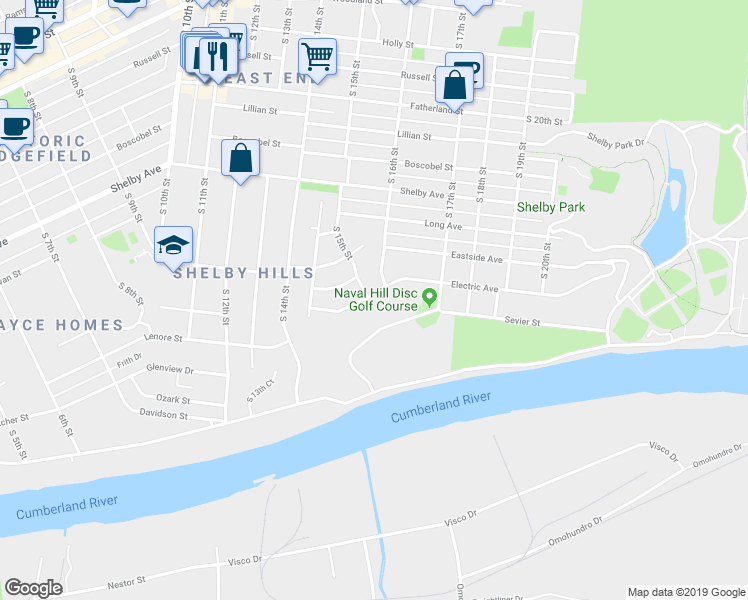 map of restaurants, bars, coffee shops, grocery stores, and more near 1500 Electric Avenue in Nashville