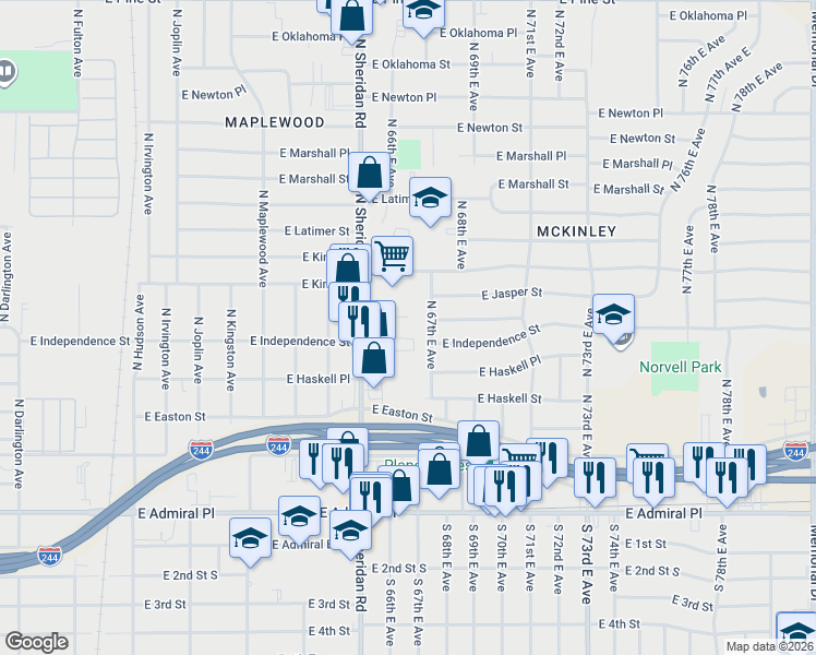 map of restaurants, bars, coffee shops, grocery stores, and more near 6533 East Independence Street in Tulsa