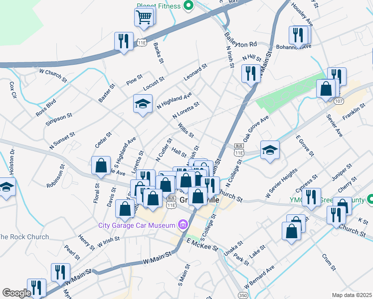 map of restaurants, bars, coffee shops, grocery stores, and more near 207 Britton Street in Greeneville