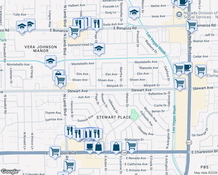 map of restaurants, bars, coffee shops, grocery stores, and more near 4621 Metpark Drive in Las Vegas