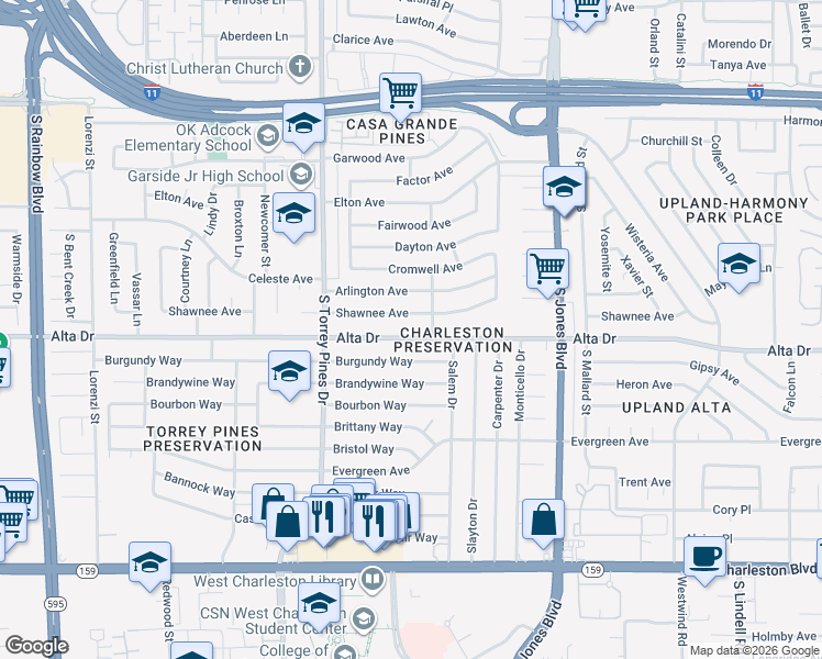 map of restaurants, bars, coffee shops, grocery stores, and more near 6228 Alta Drive in Las Vegas