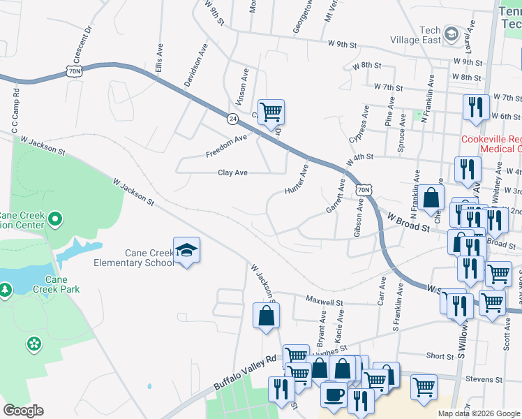 map of restaurants, bars, coffee shops, grocery stores, and more near 171 Hunter Avenue in Cookeville