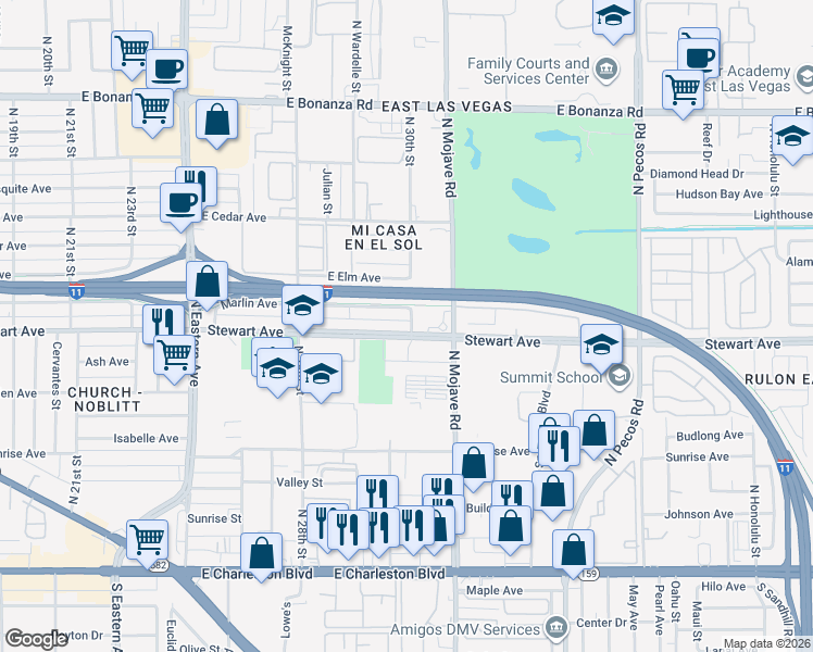 map of restaurants, bars, coffee shops, grocery stores, and more near 2937 Stewart Avenue in Las Vegas