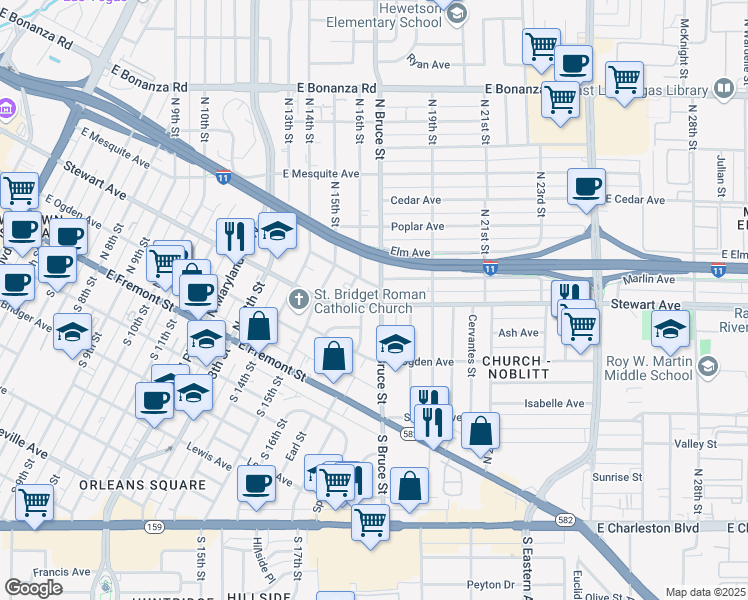 map of restaurants, bars, coffee shops, grocery stores, and more near Stewart Avenue in Las Vegas