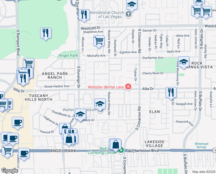 map of restaurants, bars, coffee shops, grocery stores, and more near 8301 Hatteras Court in Las Vegas
