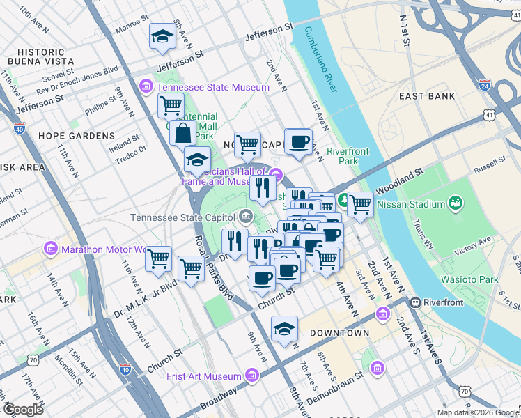 map of restaurants, bars, coffee shops, grocery stores, and more near 600 Charlotte Avenue in Nashville