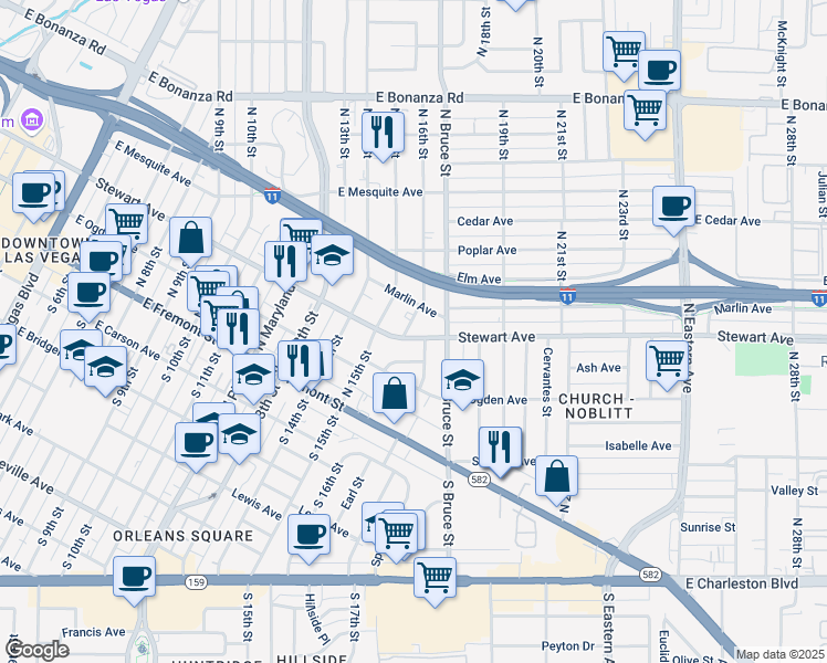 map of restaurants, bars, coffee shops, grocery stores, and more near 1601 Stewart Avenue in Las Vegas