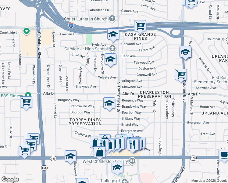 map of restaurants, bars, coffee shops, grocery stores, and more near 6408 Alta Drive in Las Vegas