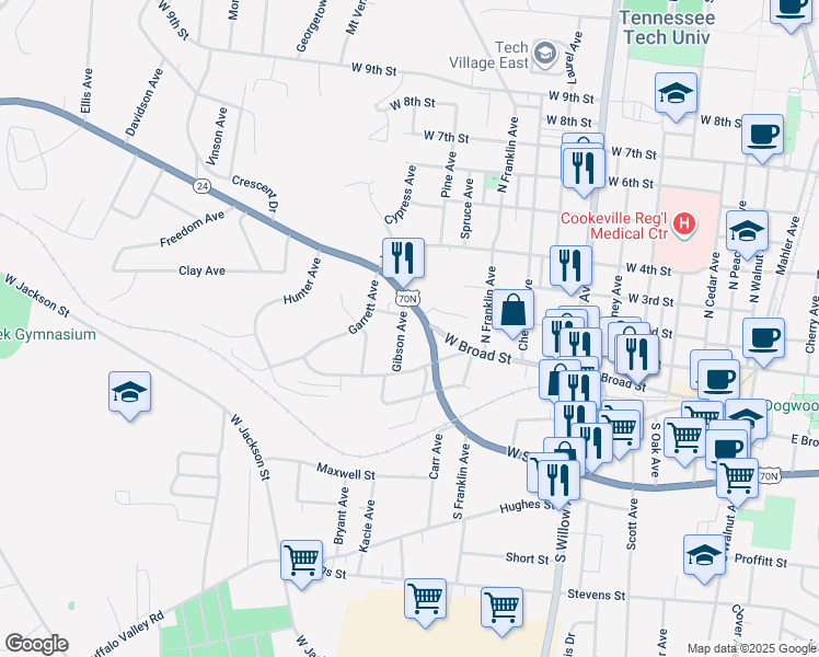 map of restaurants, bars, coffee shops, grocery stores, and more near 36 Gibson Avenue in Cookeville