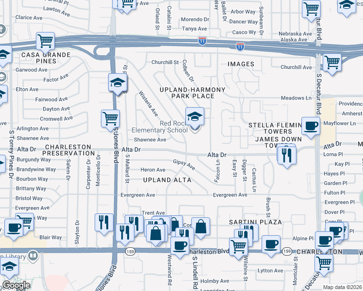 map of restaurants, bars, coffee shops, grocery stores, and more near 417 Wisteria Avenue in Las Vegas