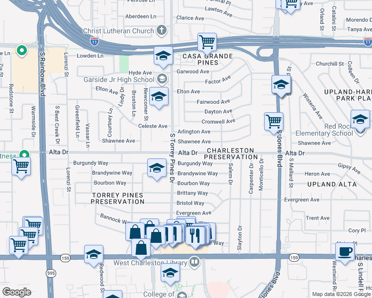 map of restaurants, bars, coffee shops, grocery stores, and more near 6328 Alta Drive in Las Vegas
