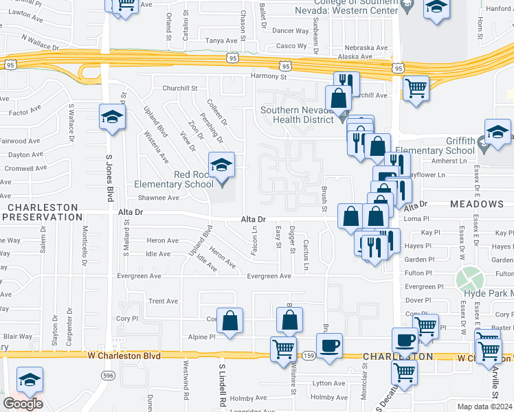map of restaurants, bars, coffee shops, grocery stores, and more near 494 Fallwood Lane in Las Vegas