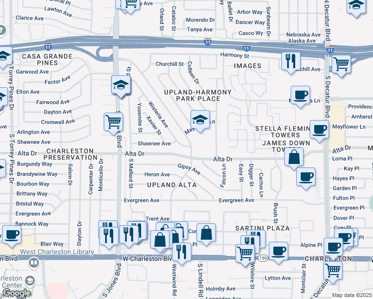 map of restaurants, bars, coffee shops, grocery stores, and more near 417 Wisteria Avenue in Las Vegas