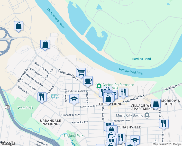 map of restaurants, bars, coffee shops, grocery stores, and more near 1623 54th Avenue North in Nashville