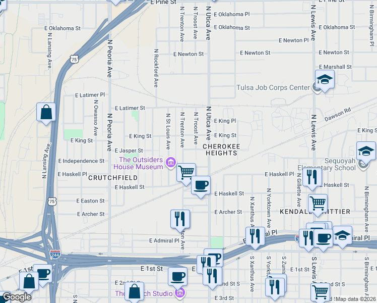 map of restaurants, bars, coffee shops, grocery stores, and more near 822 North Troost Avenue in Tulsa