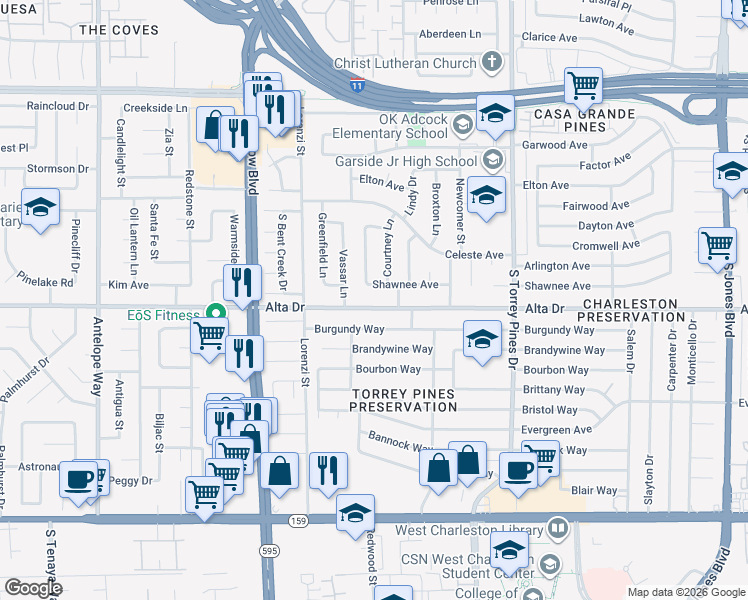 map of restaurants, bars, coffee shops, grocery stores, and more near 6540 Alta Drive in Las Vegas