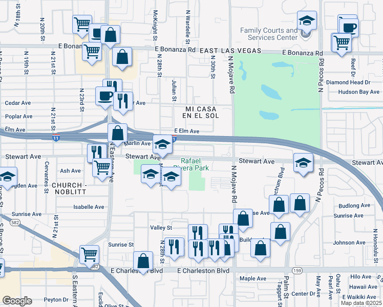 map of restaurants, bars, coffee shops, grocery stores, and more near 2917 Stewart Avenue in Las Vegas