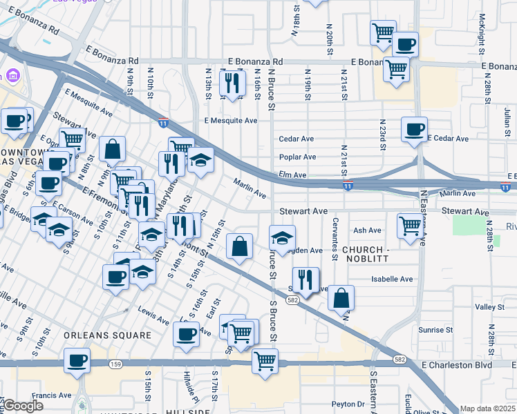 map of restaurants, bars, coffee shops, grocery stores, and more near in Las Vegas
