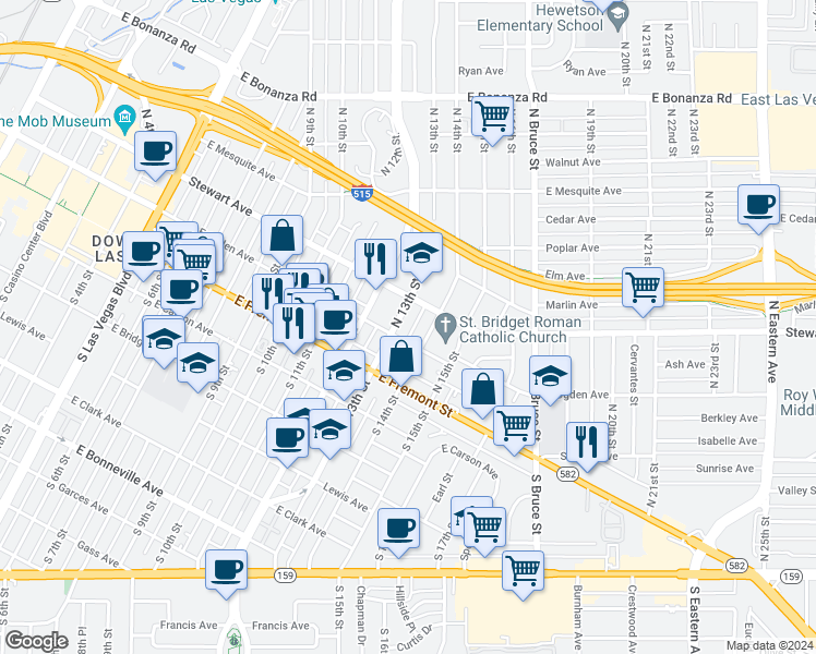 map of restaurants, bars, coffee shops, grocery stores, and more near 211 North 14th Street in Las Vegas